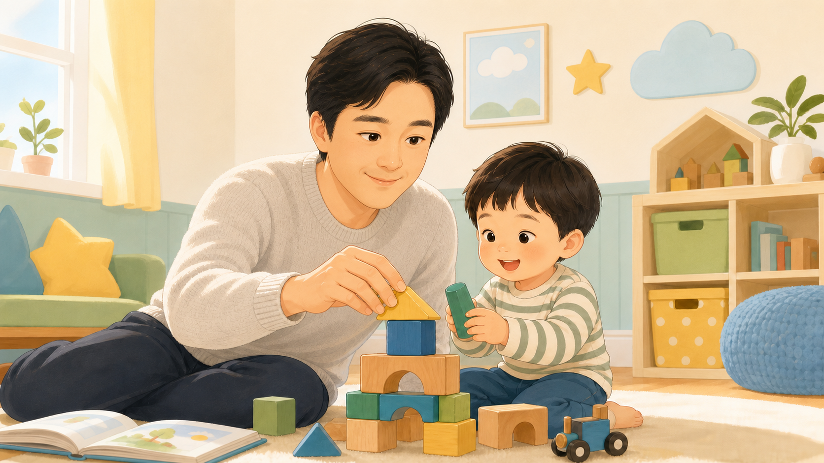 3歳の子どもと笑顔でブロック遊びをするNINE KIDS創業者のキム・ホヒョン